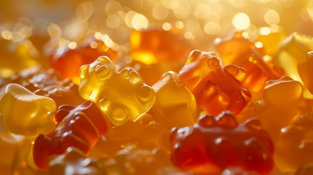 Close-up of mouthwatering gummy bears, inviting with their soft, chewy texture and fruity flavorsの素材