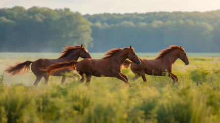 Three chestnut horses galloping freely in a lush meadow, with the golden light of dusk enhancing their vibrant coats.の素材