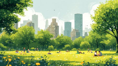 an urban park: lush greenery, families picnicking, children playing, a peaceful escape amidst the city hustle.の素材