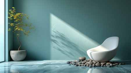 A minimalist spa setting with stones and dried flowers against a serene blue backdrop.の素材