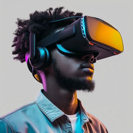 Person wearing VR goggles, their expression a mixture of concentration and amazement.の素材