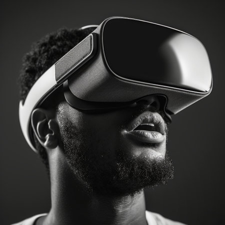 Person wearing VR goggles, their expression a mixture of concentration and amazement.の素材