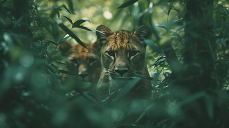 Enigmatic big cats prowling through dense jungle undergrowth, their stealthy movements a testament to their wild spirit.の素材