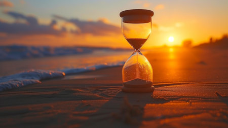 Silhouette of an hourglass with golden sand against radiant sunlight.の素材