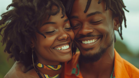 Close-up of a joyful African couple smiling and embracing, capturing a moment of pure happiness and affection.の素材