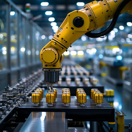 Precision robotic arm in factory line assembling detailed metal parts.の素材