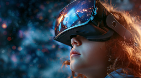 Close-up of a child with VR headset, their eyes wide with wonder at the virtual adventures.の素材
