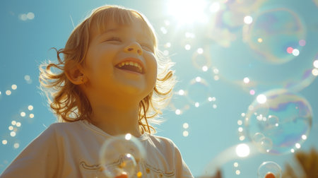 A child's laughter as they chase bubbles against a backdrop of a sunny, blue sky.の素材