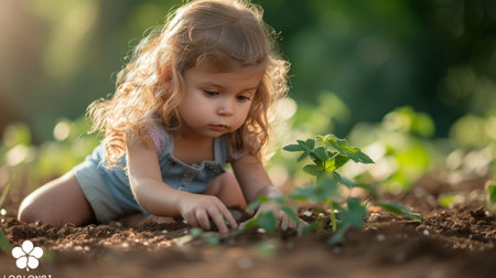 A little one planting a seed, learning patience and care through nature's lessons.の素材