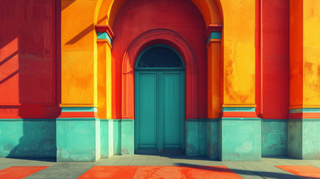 Sunlight casting shadows on a brightly colored wall with architectural details, creating a vibrant sceneの素材