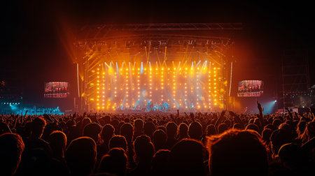 Silhouetted audience immersed in the vibrant light show of a live concert performance.の素材
