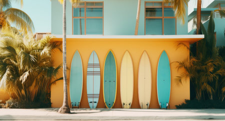 yellow surf boards lean against the side of a house.の素材