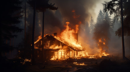 A small wooden village house is on fire in the middle of the forest with large copyspace area.の素材
