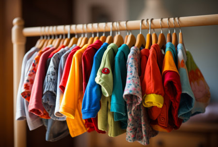 Children's clothes on a hanger in the room. Selective focus.の素材