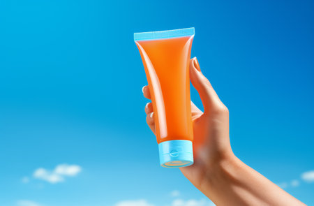 hand holding a tube of sunscreen on her hand to expose skin to sun.の素材