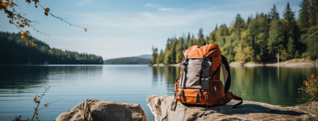a backpack on a rocky ledge in front of a lake,.の素材
