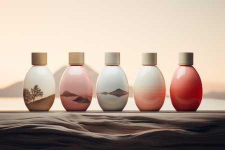 different type of perfume bottles in background.の素材