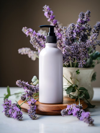 a bottle of lotion with some plants on it.の素材