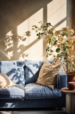 a blue couch is illuminated by sunlight.の素材