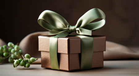 a brown gift box with a green bow in hands.の素材