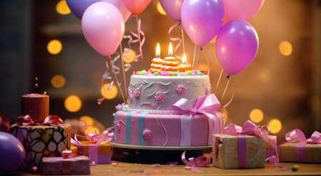 a cake with a bunch of gifts and balloons on it.の素材