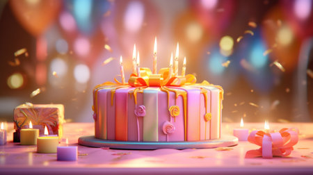 a birthday cake is displayed with lit candles on top.の素材