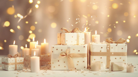 a cake with candles next to some packages.の素材