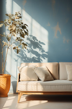 a blue couch is illuminated by sunlight.の素材