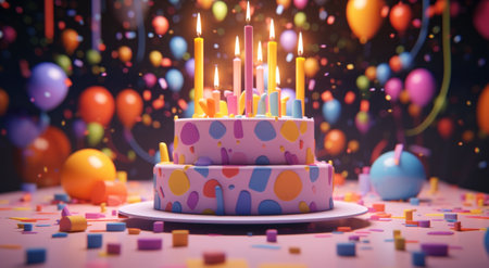 a cake with candles sitting on a table with presents.の素材