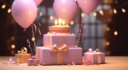 a cake in front of balloons and gifts.の素材