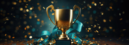 a golden trophy on a dark background with confetti.の素材