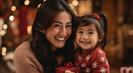 a girl holds a red present next to her mother.の素材