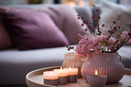 a gray sofa is surrounded by pink pillows and candles.の素材