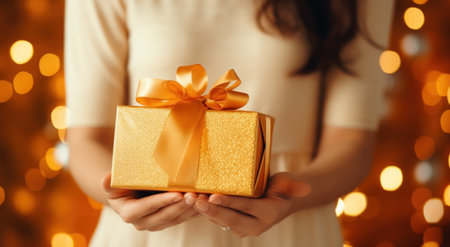 a girl is holding her golden gift box.の素材