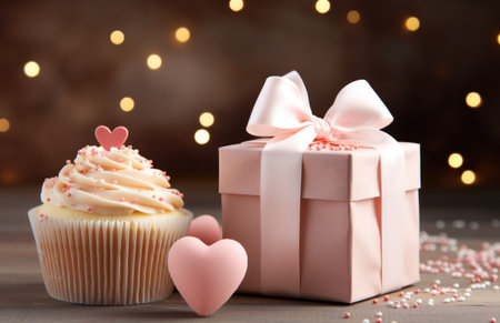 a cupcake is placed beside a gift box.の素材
