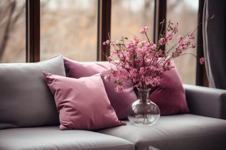a gray couch with pillows and flowers by a window.の素材