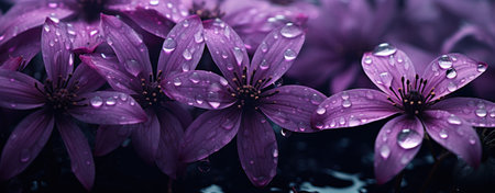 a close up of purple flowers with rain drops in the background.の素材