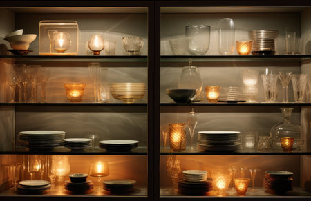 a glass display rack stacked with plates on top.の素材