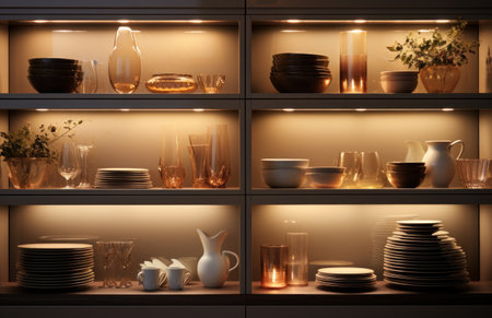 a glass display rack stacked with plates on top.の素材