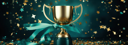 a golden trophy on a dark background with confetti.の素材