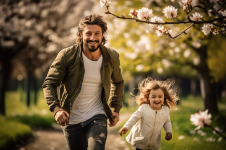 a man in a park holding his daughter's hand.の素材