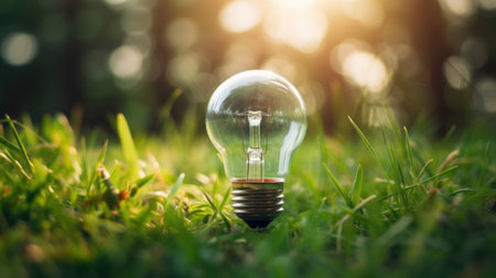 a light bulb in the grass with sunlight in the background.の素材