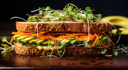 a sandwich topped with carrots and sprouts.の素材