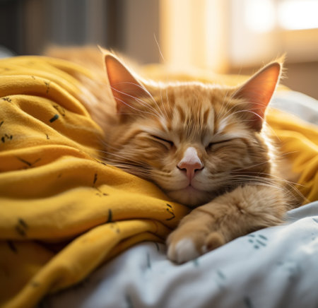 a sleeping orange cat in bed.の素材