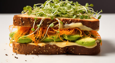 a sandwich topped with carrots and sprouts.の素材