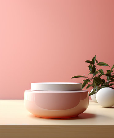 a pink cream jar sits on top of a pink table.の素材