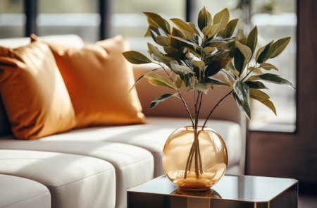 a plant is on a table beside a couch..の素材