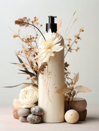 a white bottle of herbal soap and dry flower.の素材