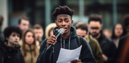 a very young black man on a newspaper and microphone,.の素材