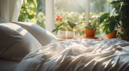 a white bed in front of a large window.の素材